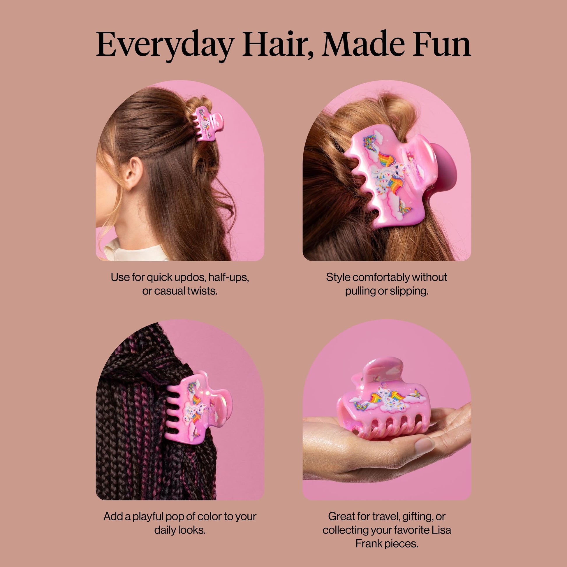 Back view of a low bun hairstyle styled with the pink rainbow cloud clip