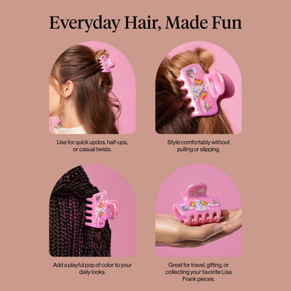 Back view of a low bun hairstyle styled with the pink rainbow cloud clip