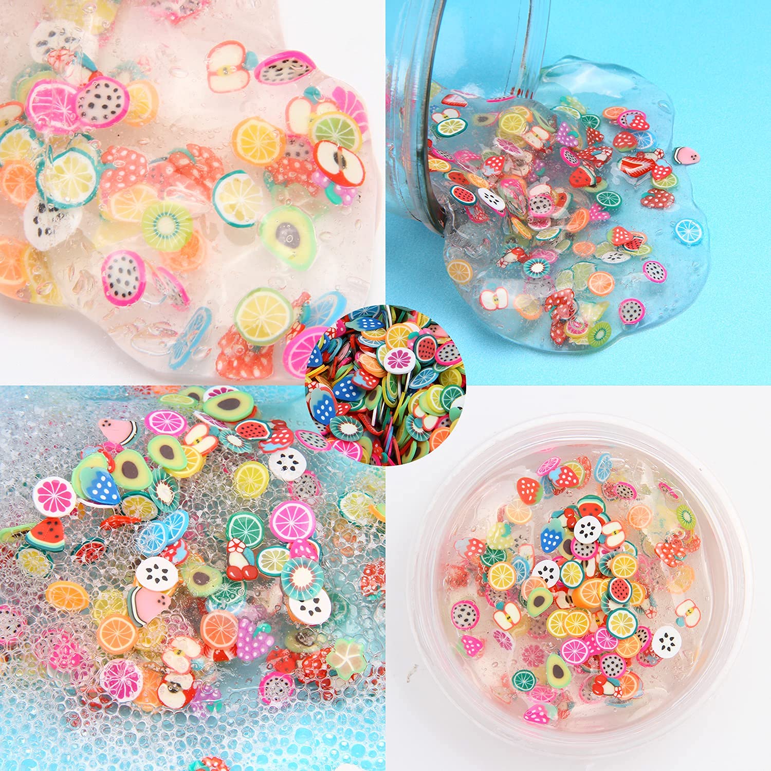 Detailed shot of individual 3D fruit designs featuring kiwi and strawberry patterns