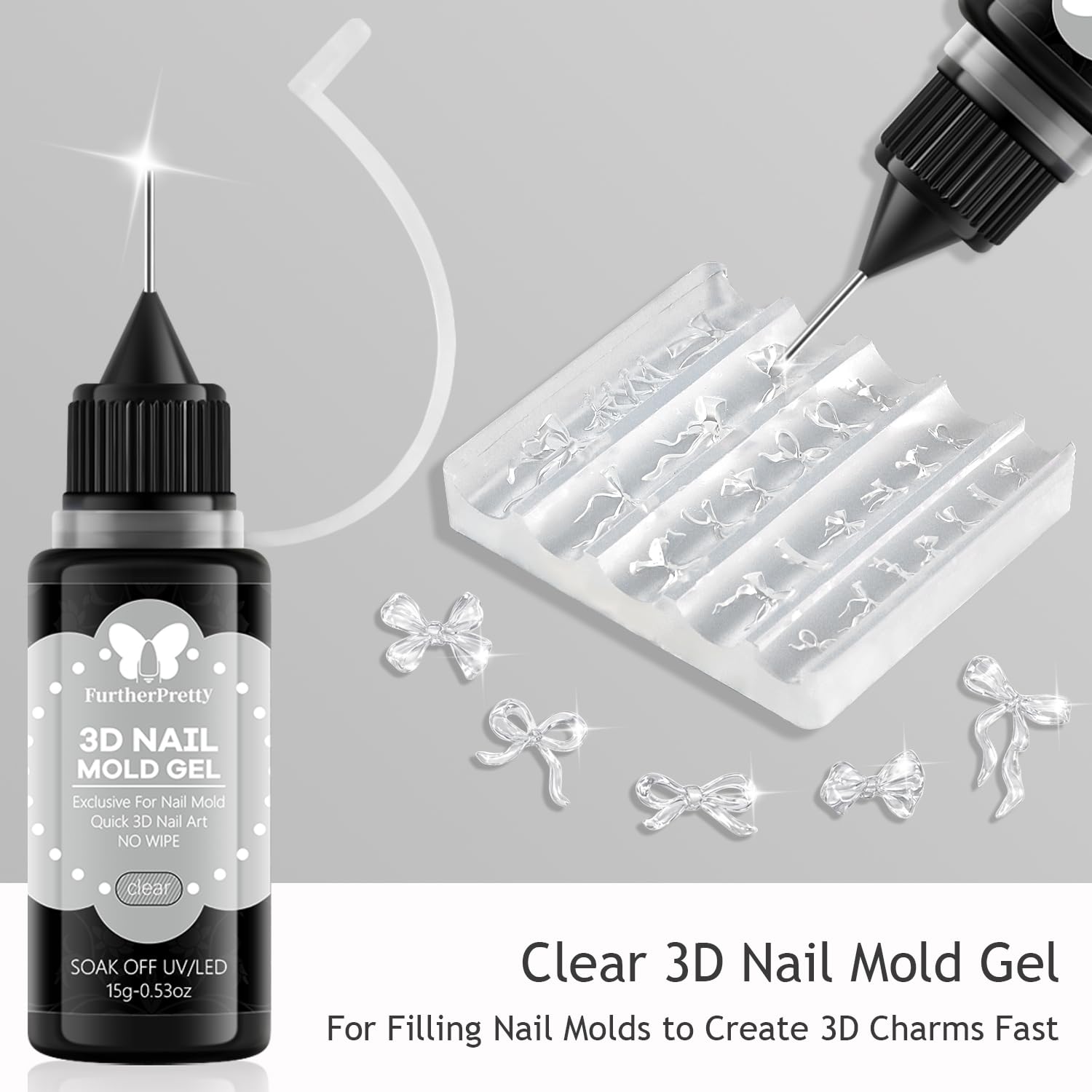 Close up of 3D nail art charms created with clear molding gel