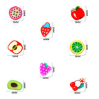 Assorted vibrant color palette and 1/4 inch sizing detail of the polymer fruit charms.