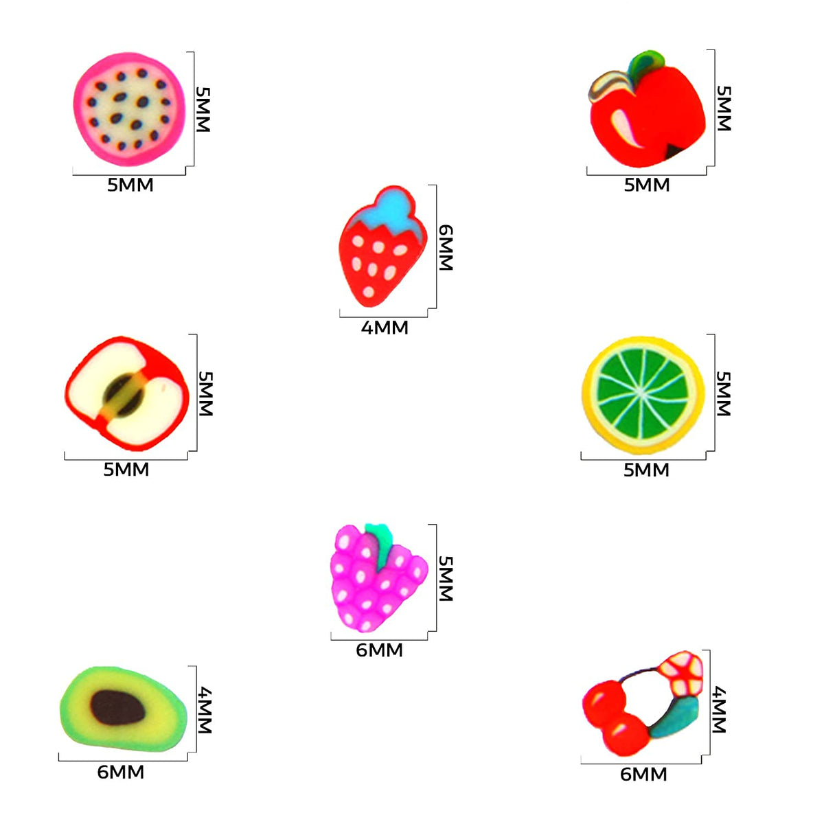 Assorted vibrant color palette and 1/4 inch sizing detail of the polymer fruit charms.