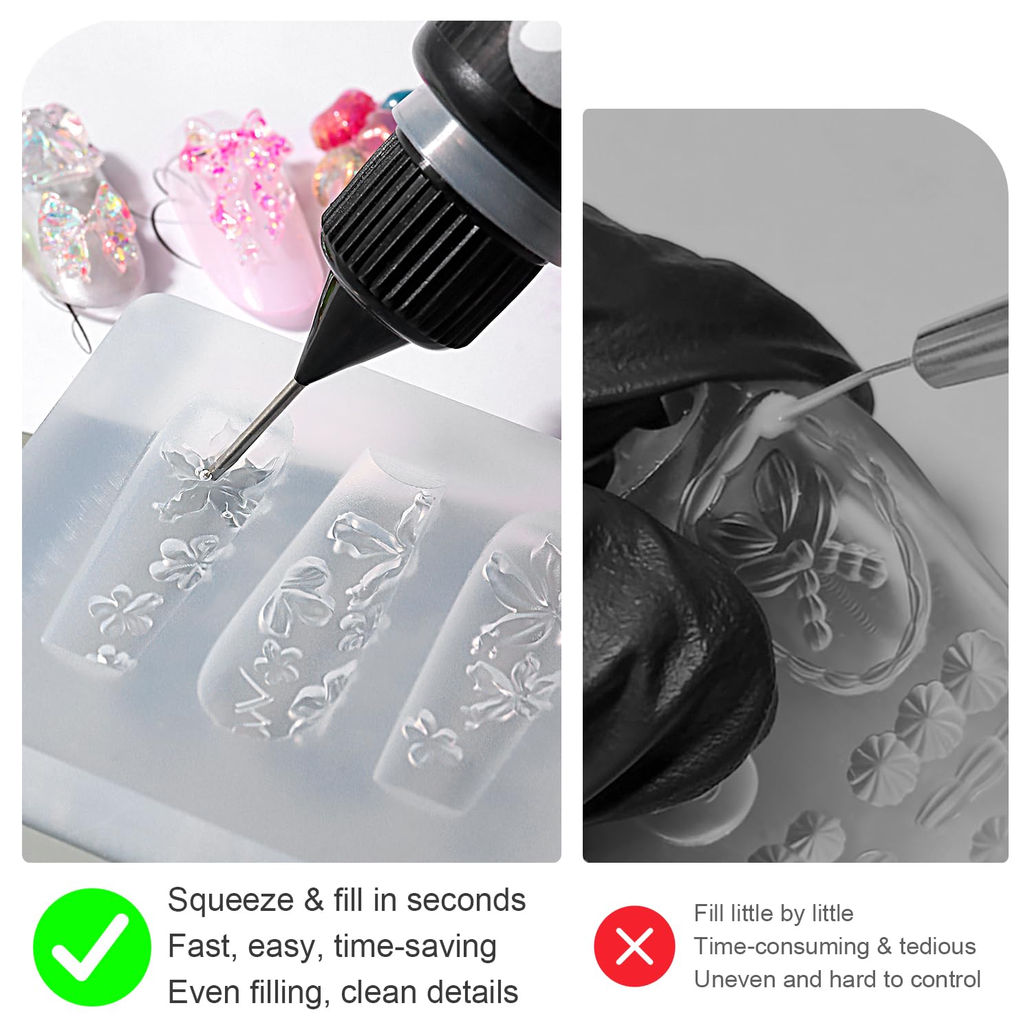 Applying 3D nail gel into a silicone mold for DIY nail art