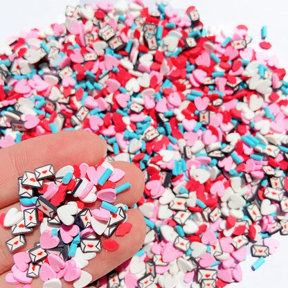 Close up look of pink and red polymer clay heart slices used for resin jewelry making
