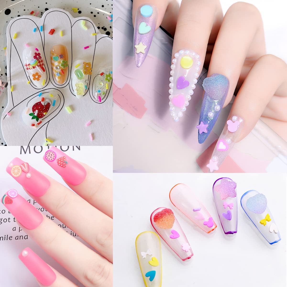 Demonstration of miniature love letter clay embellishments applied directly onto a glossy manicure design
