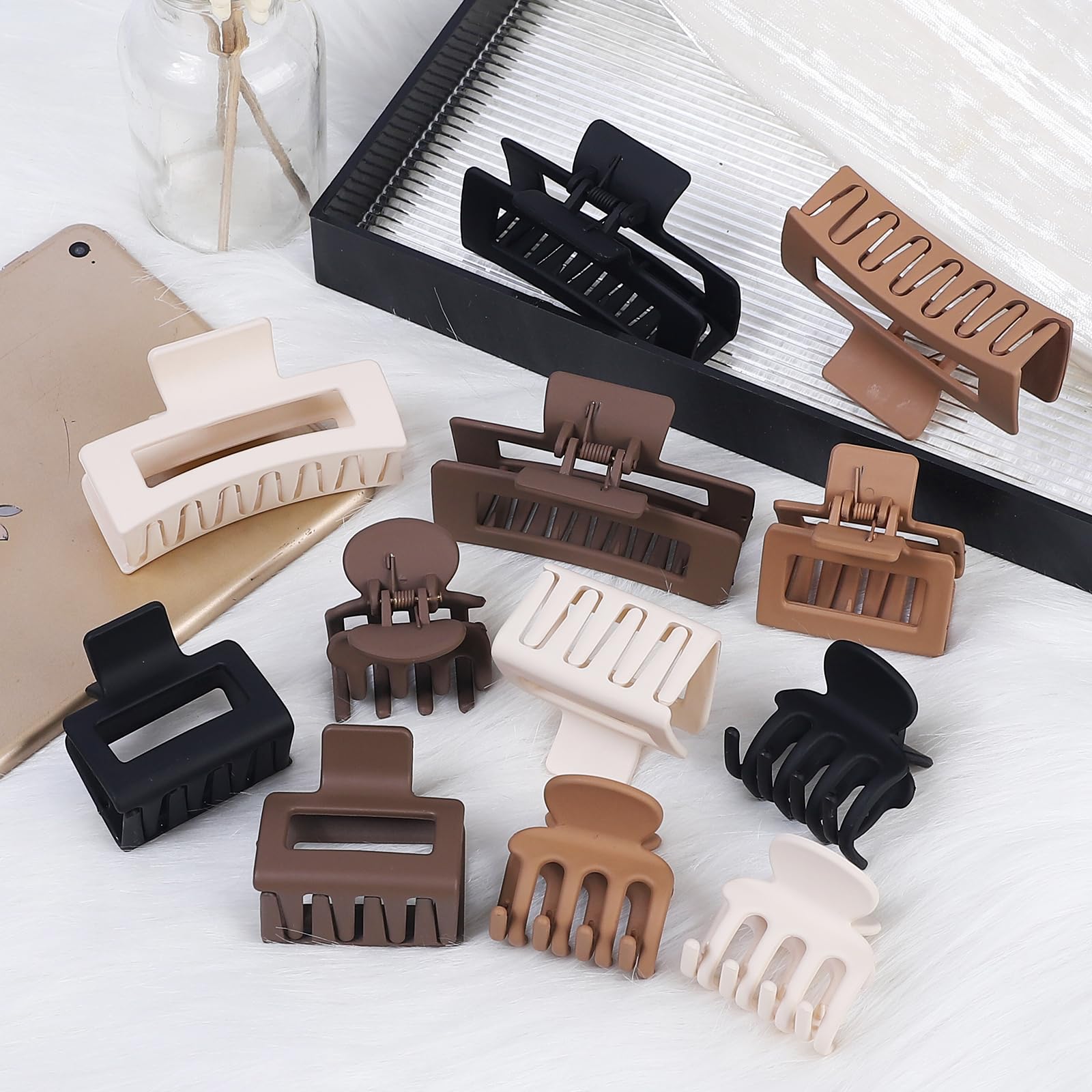 Top view of 12 piece brown hair claw clips for women