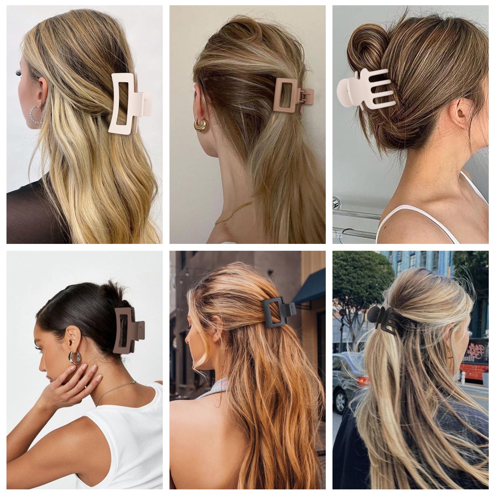 Woman styling thick hair using a large brown matte claw clip