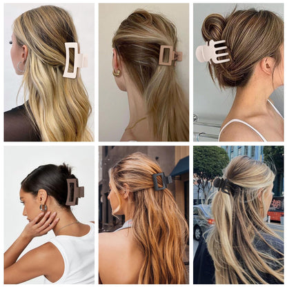 Woman styling thick hair using a large brown matte claw clip