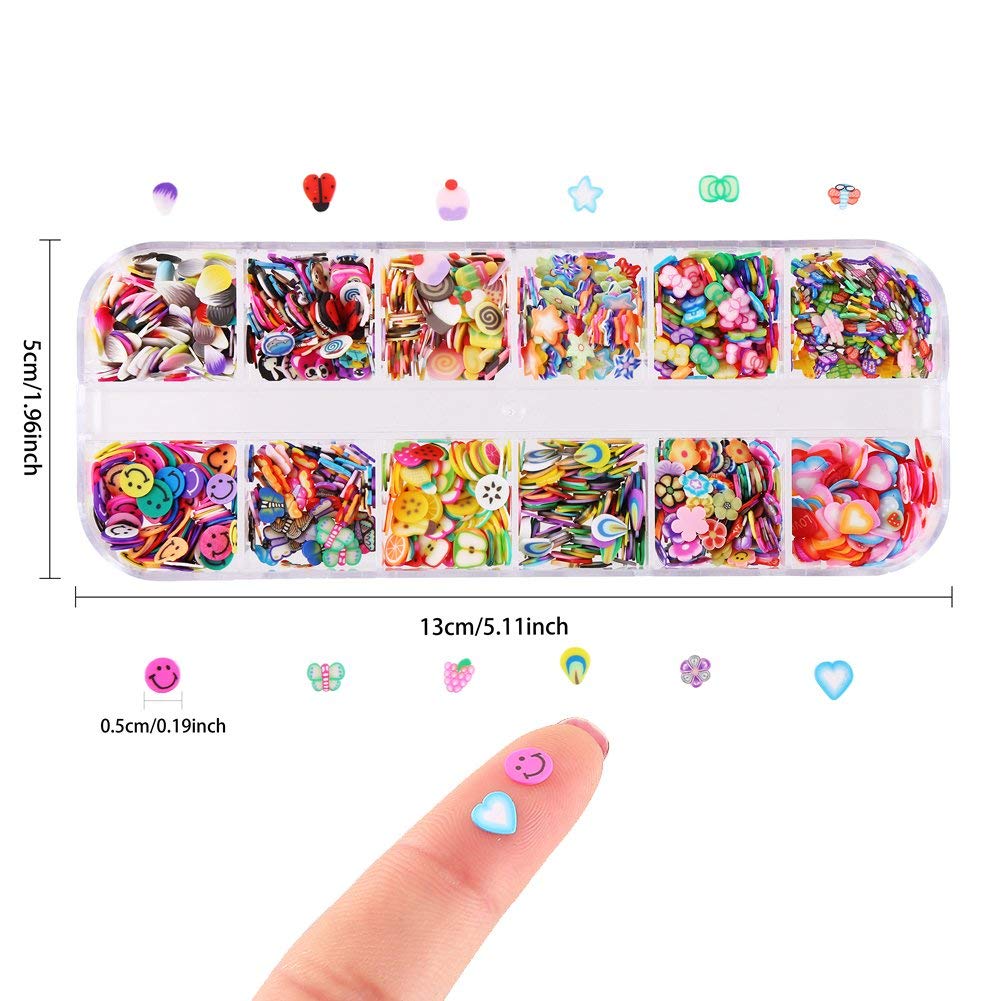 Vibrant 3D polymer clay mini slices scattered beside their transparent twelve-compartment organizer case