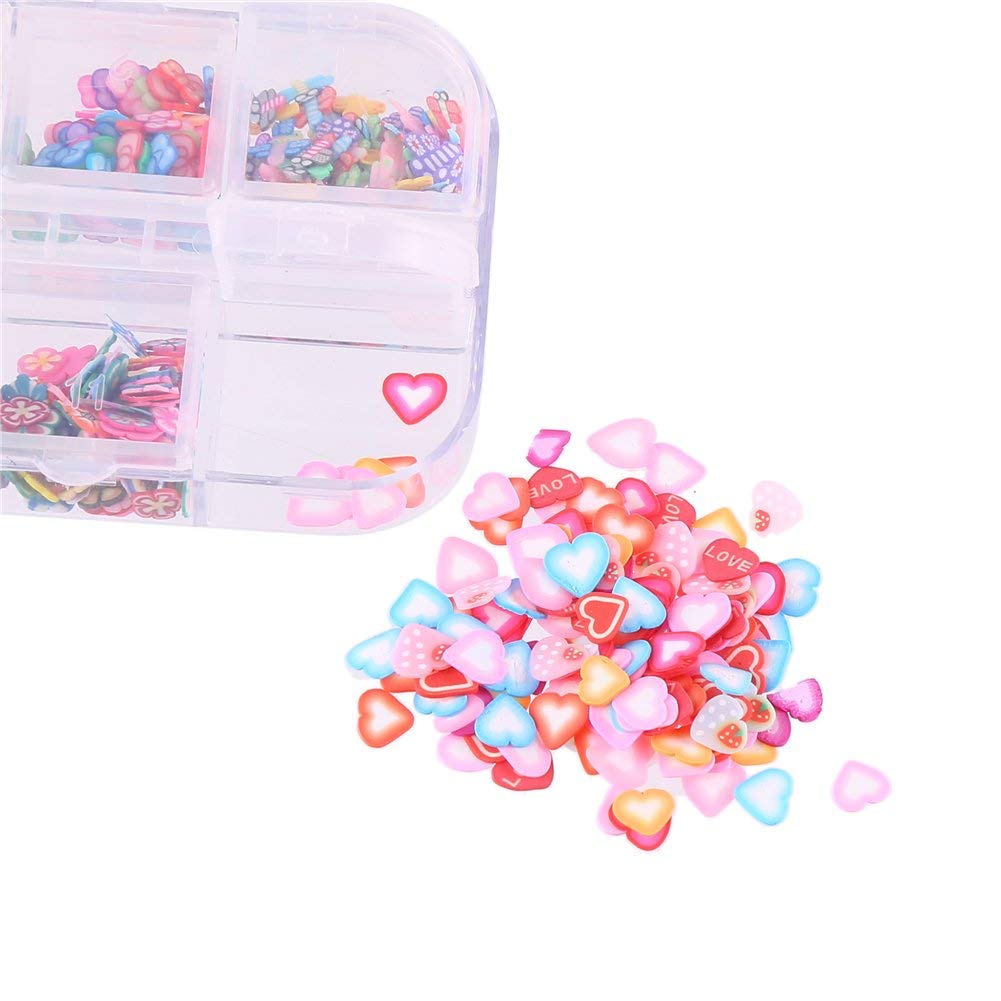 Brightly colored fruit and dessert themed polymer clay slices mixed into clear DIY slime for texture