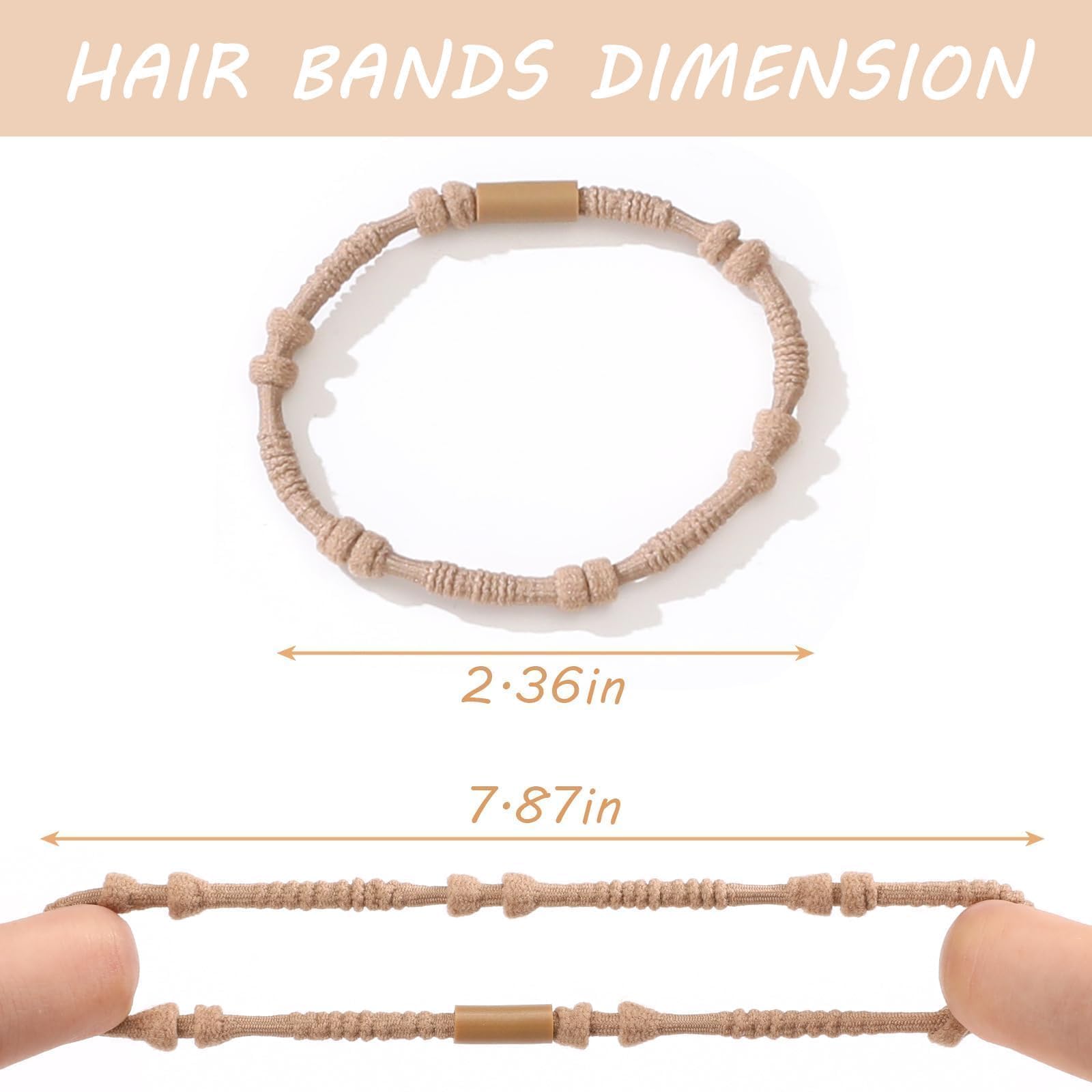 Soft seamless neutral color hair elastics worn as stacked bracelets on a model wrist.