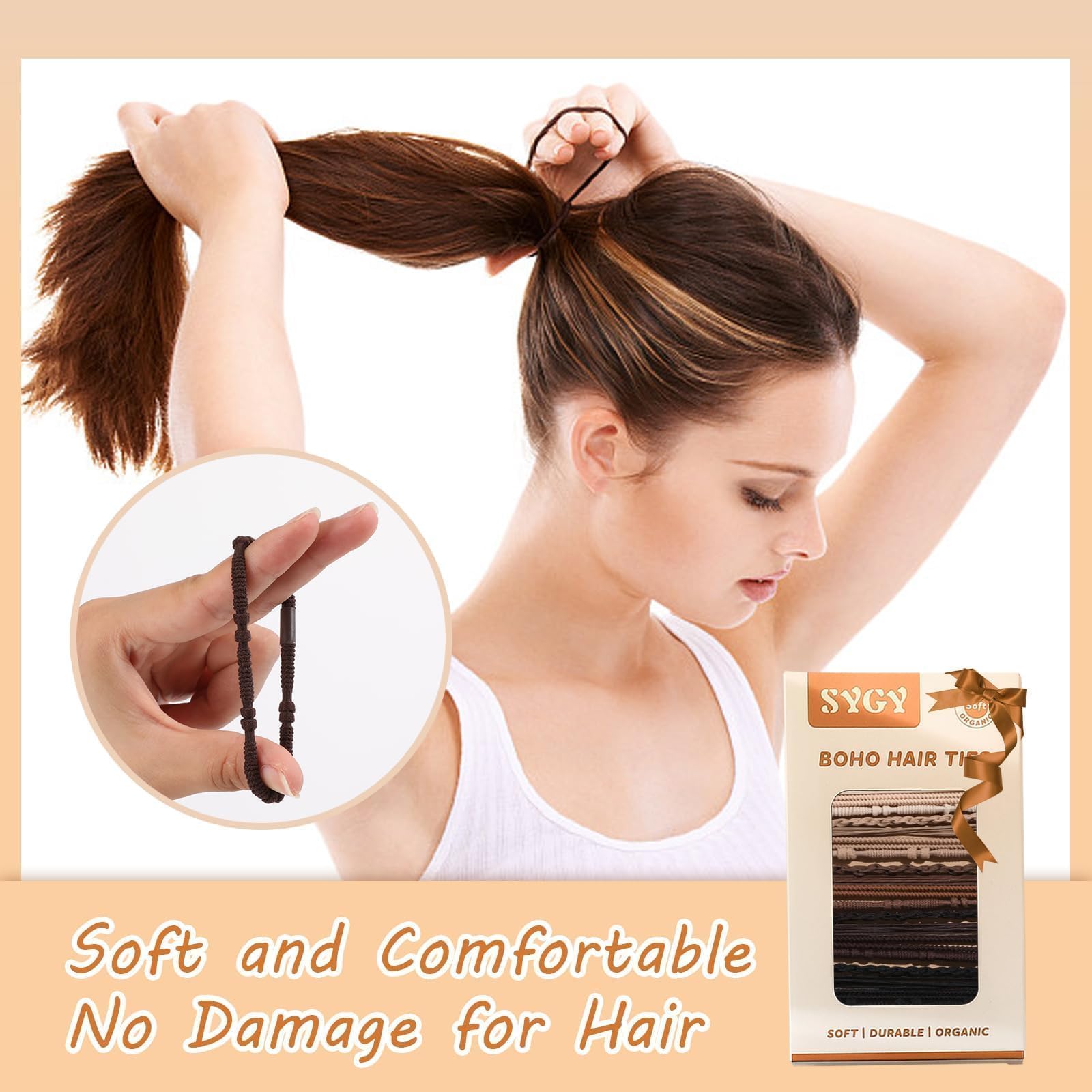 High elasticity braided ponytail holders in beige brown and black being stretched to demonstrate durability.