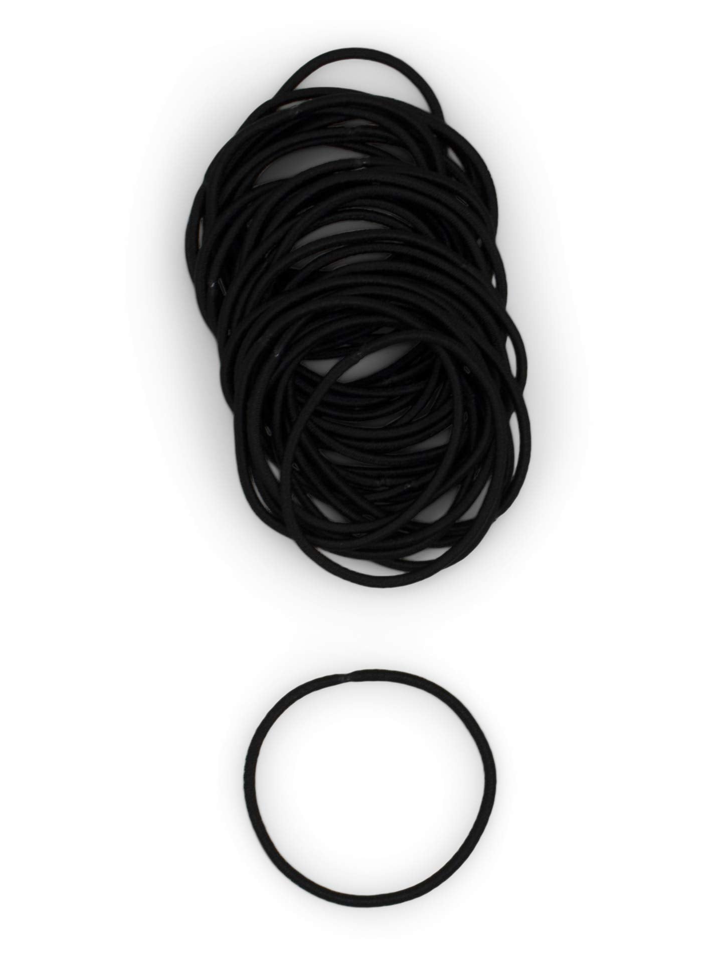 Close up of a single black two millimeter seamless hair tie for thin hair