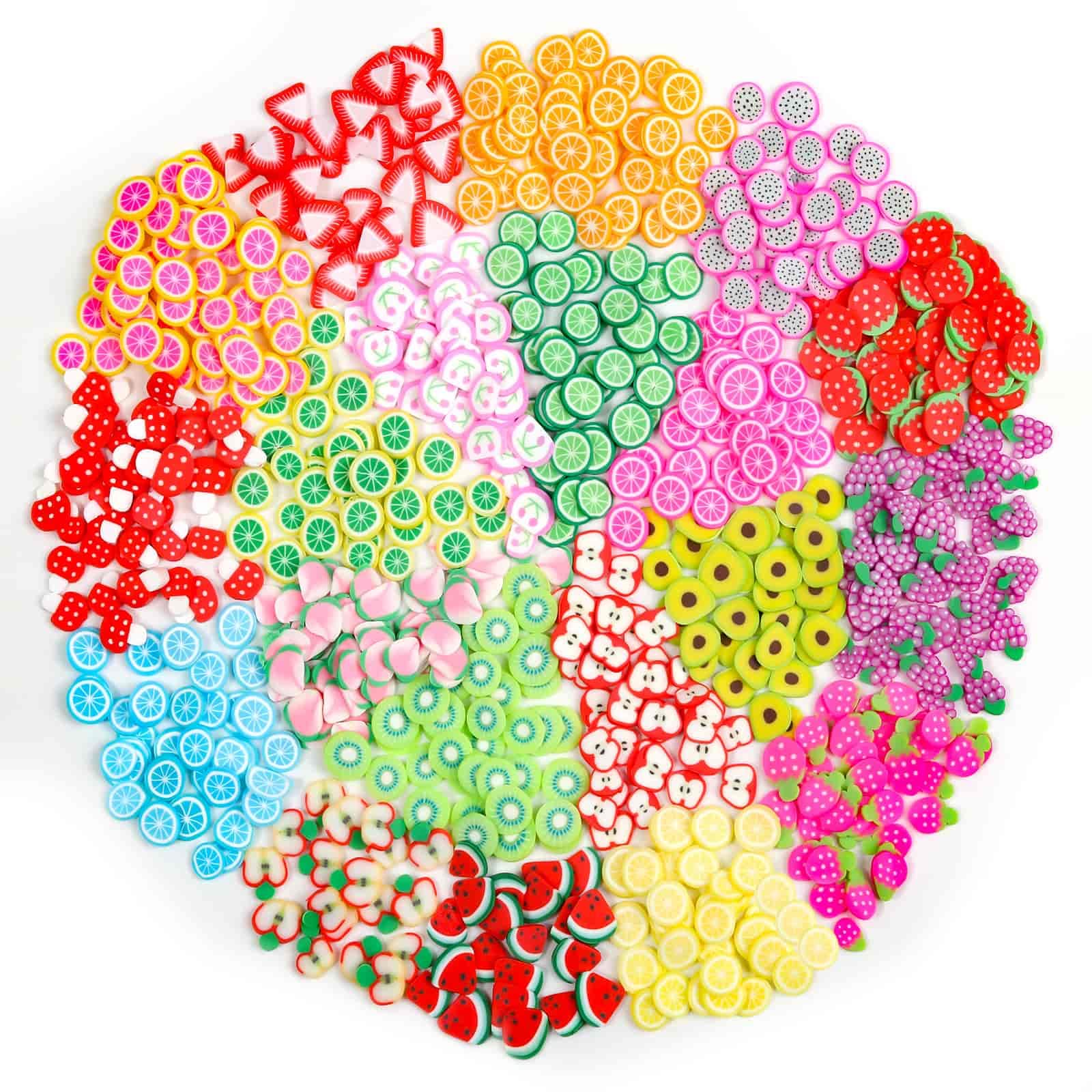 Detailed view of twenty individual clear plastic bottles filled with multicolor 3D fimo fruit charms.