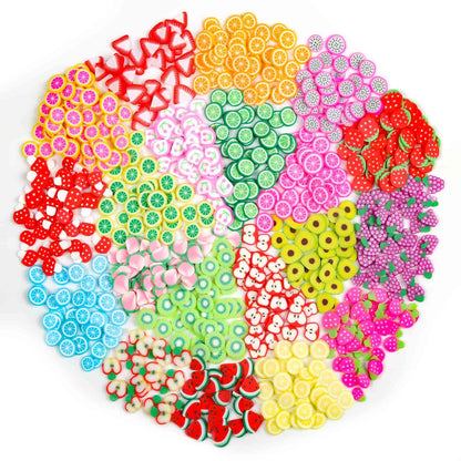 Detailed view of twenty individual clear plastic bottles filled with multicolor 3D fimo fruit charms.