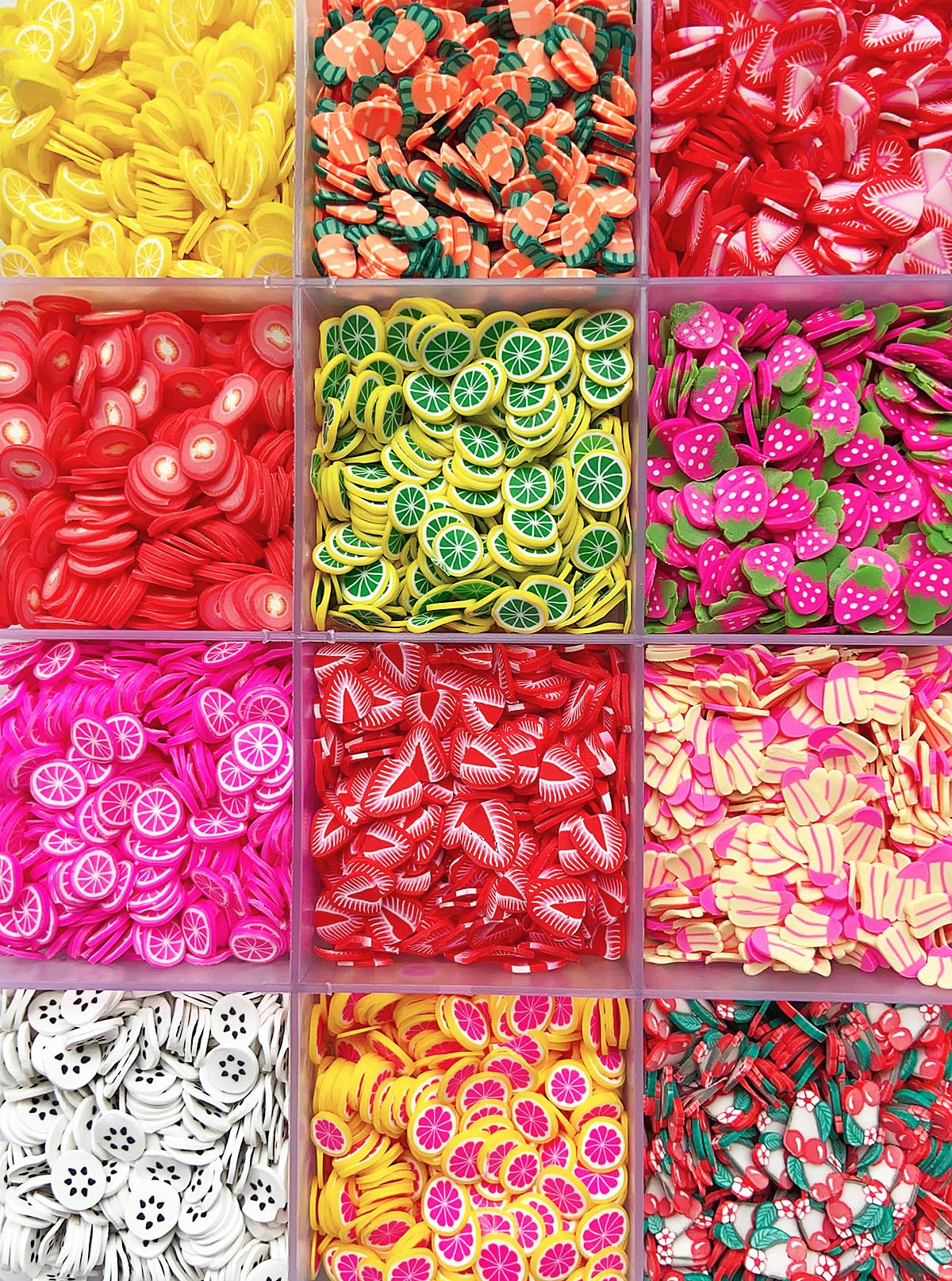 Close up of strawberry and lemon clay slices for diy projects