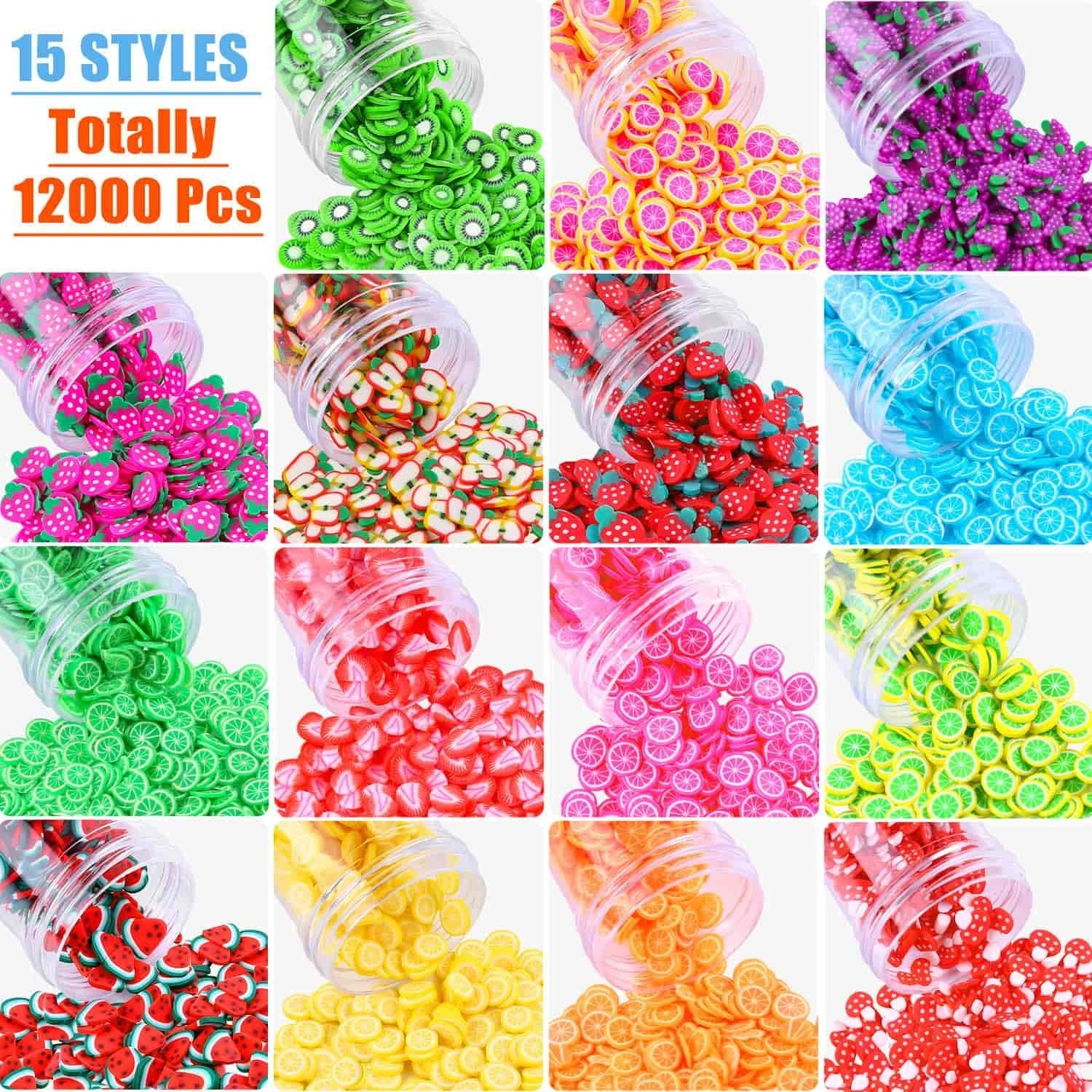 Acejoz polymer clay fruit slices being mixed into clear DIY slime for added crunch and texture.