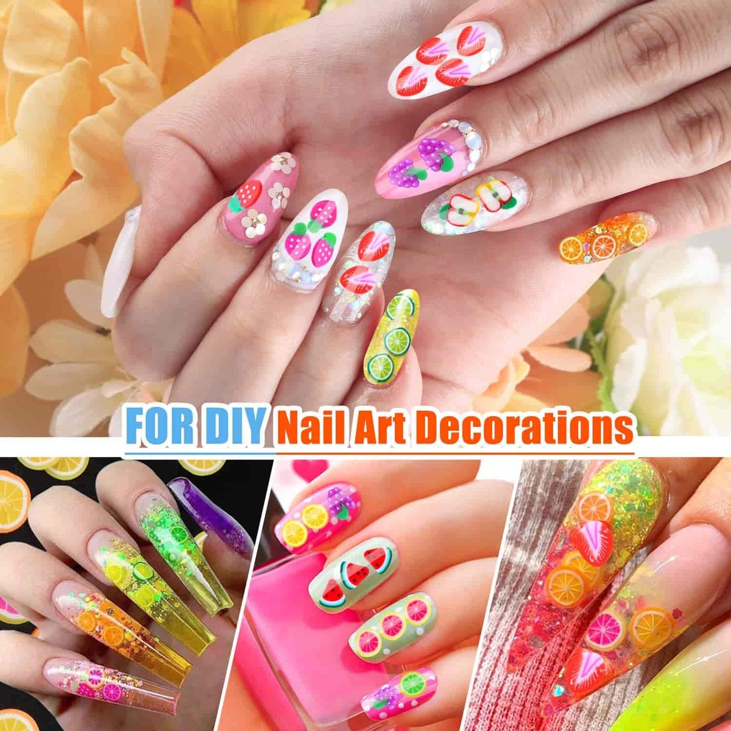Detailed close-up of 3D fruit nail art featuring strawberry and lemon fimo slices on acrylic manicures.