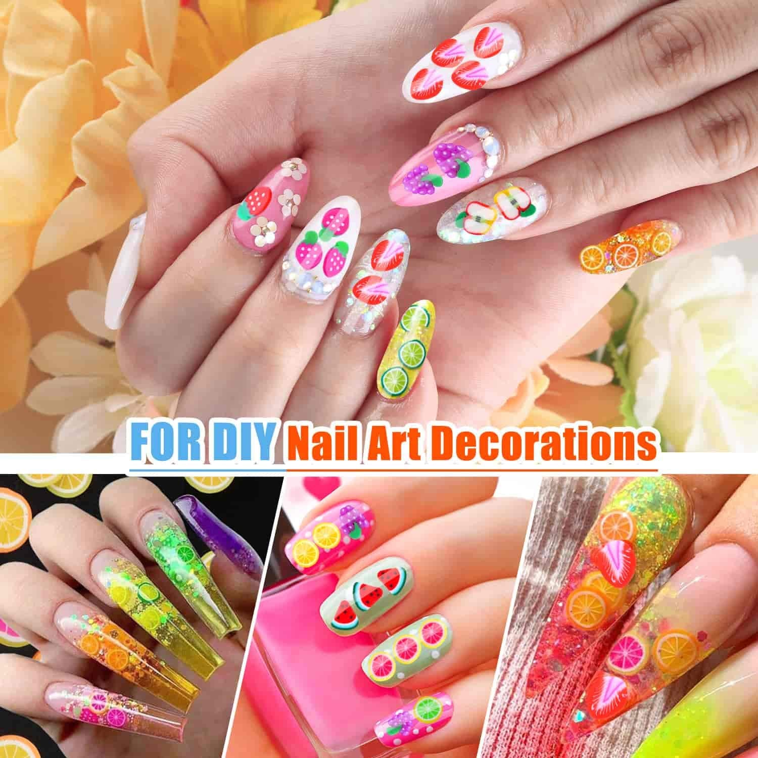 Detailed close-up of 3D fruit nail art featuring strawberry and lemon fimo slices on acrylic manicures.