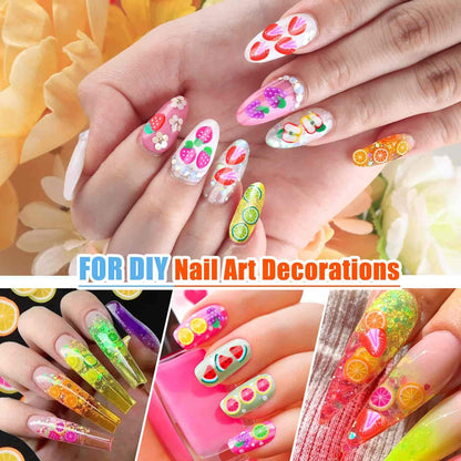 Detailed close-up of 3D fruit nail art featuring strawberry and lemon fimo slices on acrylic manicures.
