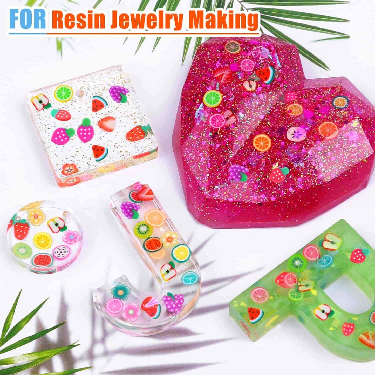 Colorful polymer clay miniature fruit discs being embedded into clear epoxy resin jewelry molds.