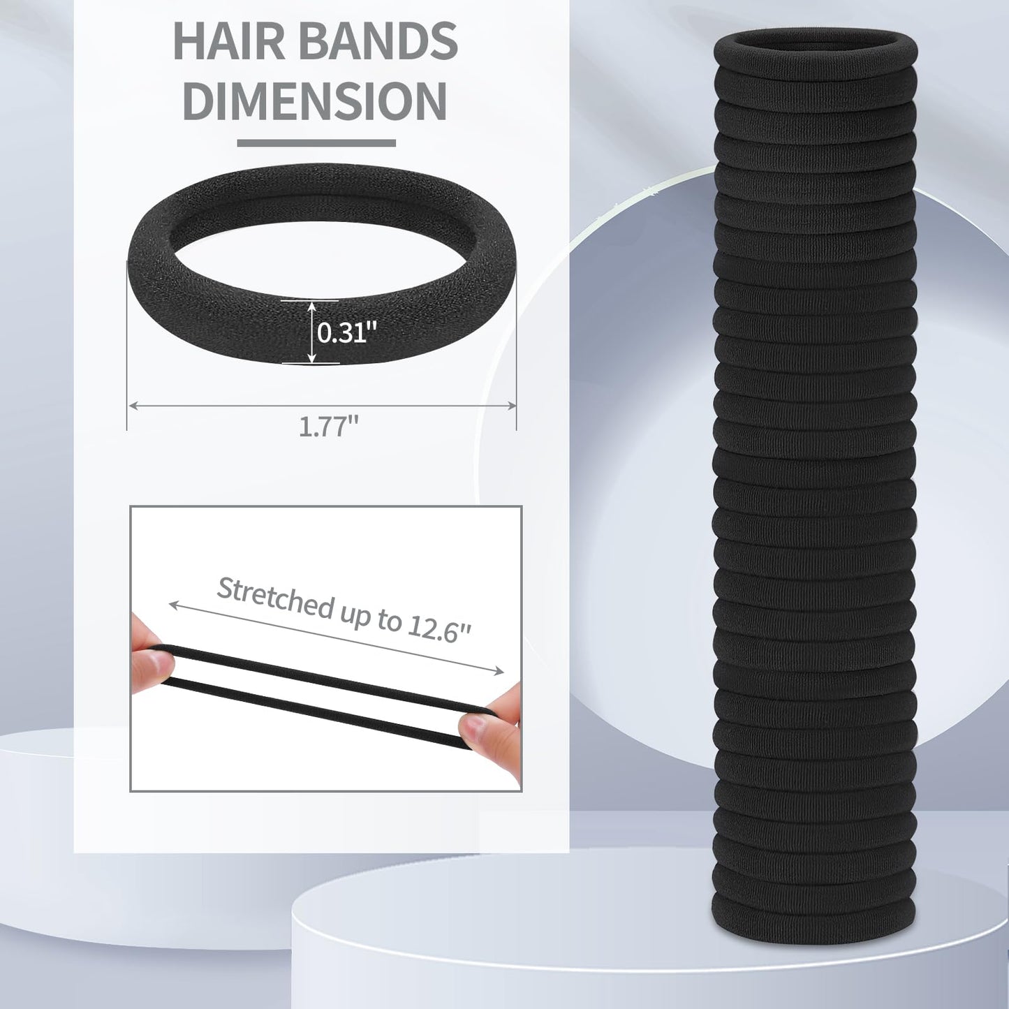 Soft and stretchy black hair bands stretched out to demonstrate maximum elasticity