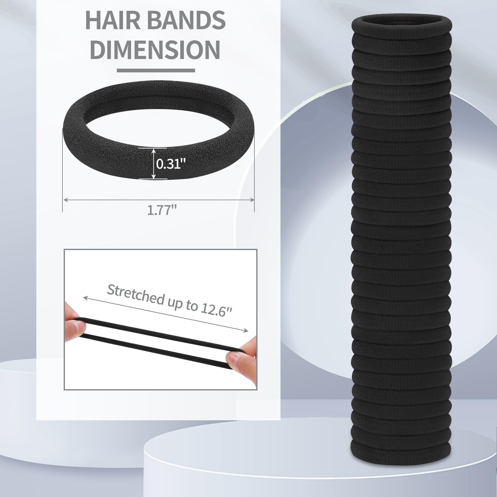 Soft and stretchy black hair bands stretched out to demonstrate maximum elasticity