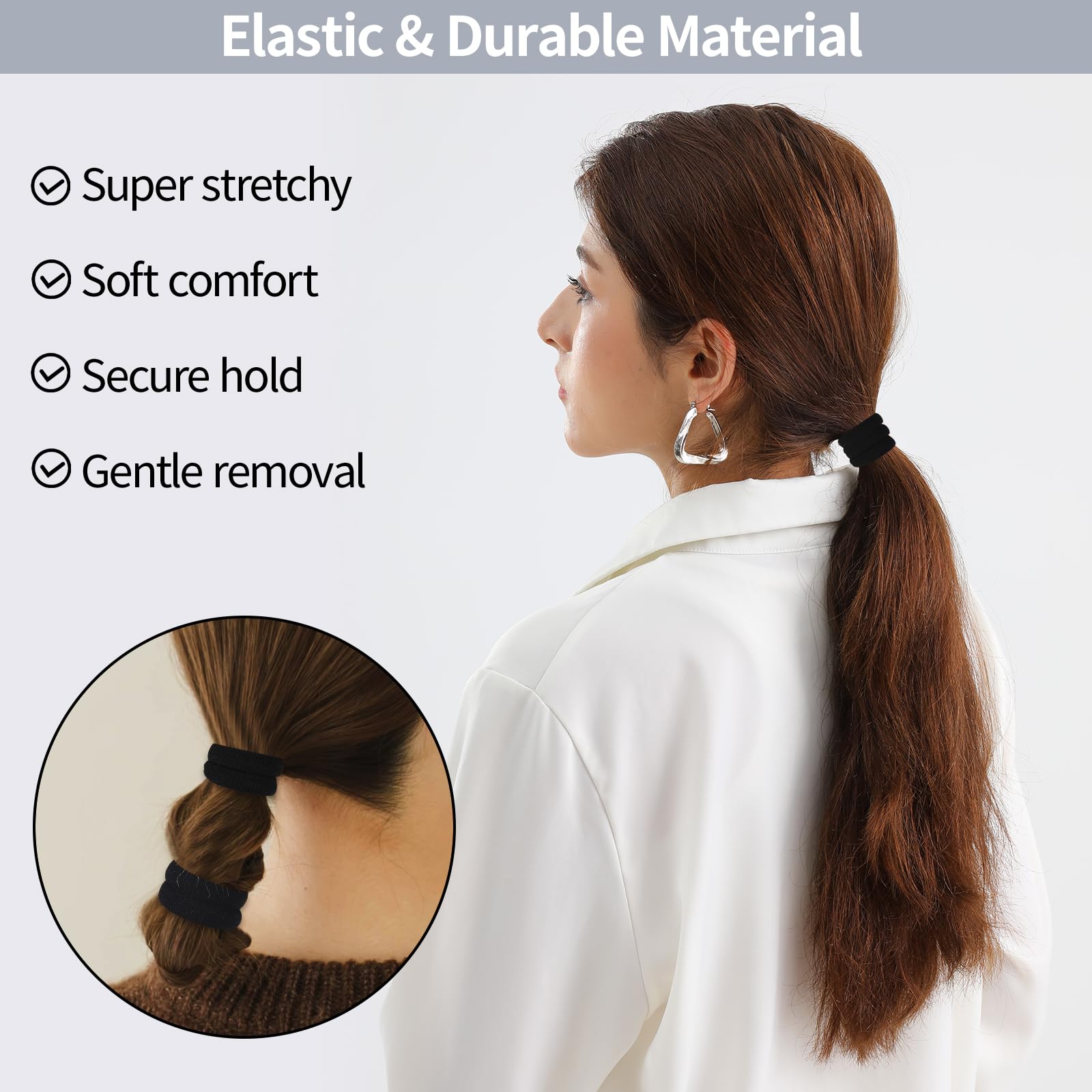 Close up view of the metal free seamless design on premium black hair elastics