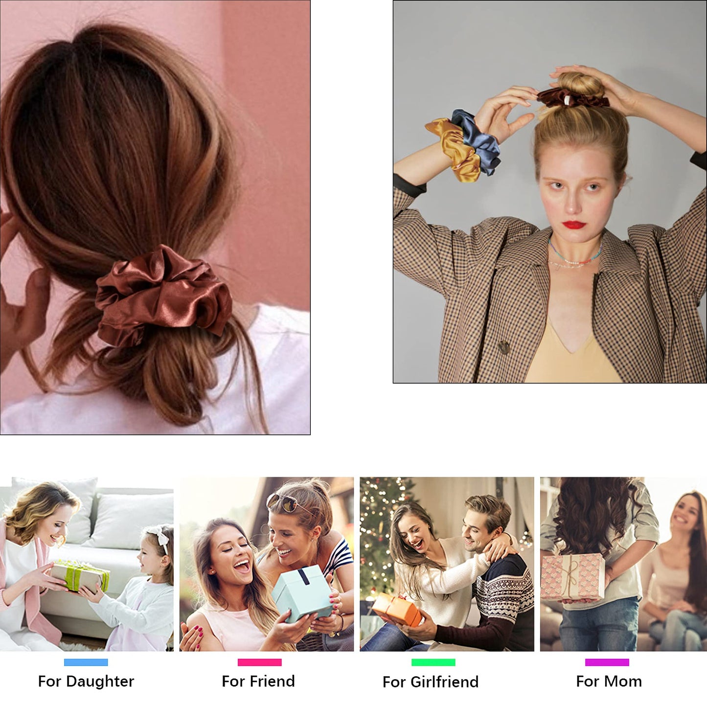 Model styling thick curly hair using the Ivyu neutral satin scrunchy.