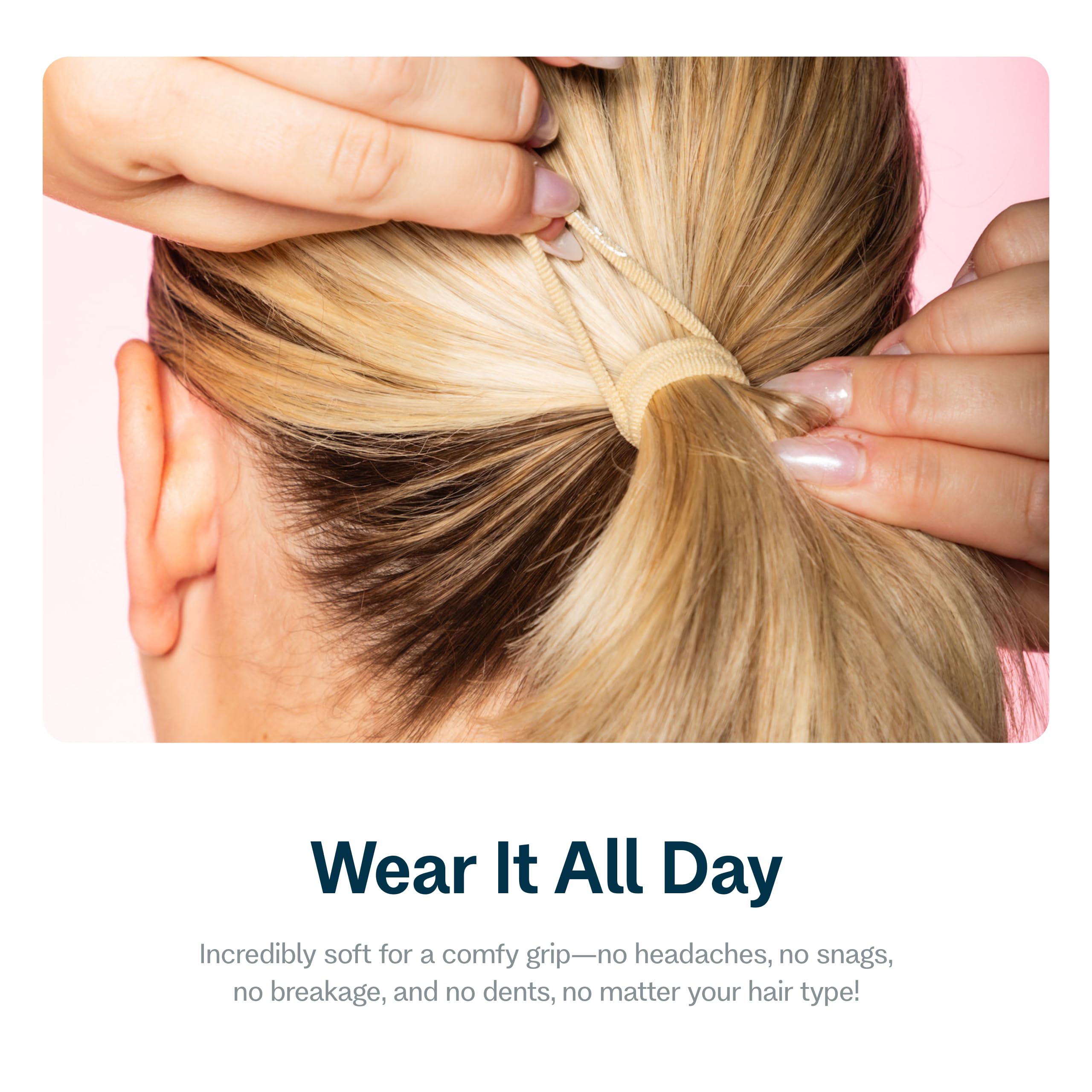 Model wearing Gimme Beauty X-Fine elastic tie in a high damage free ponytail