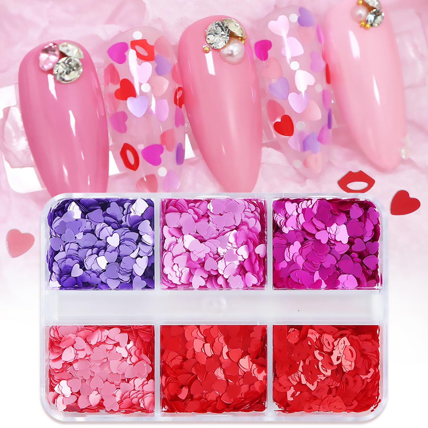 Close up of red and pink holographic heart nail flakes