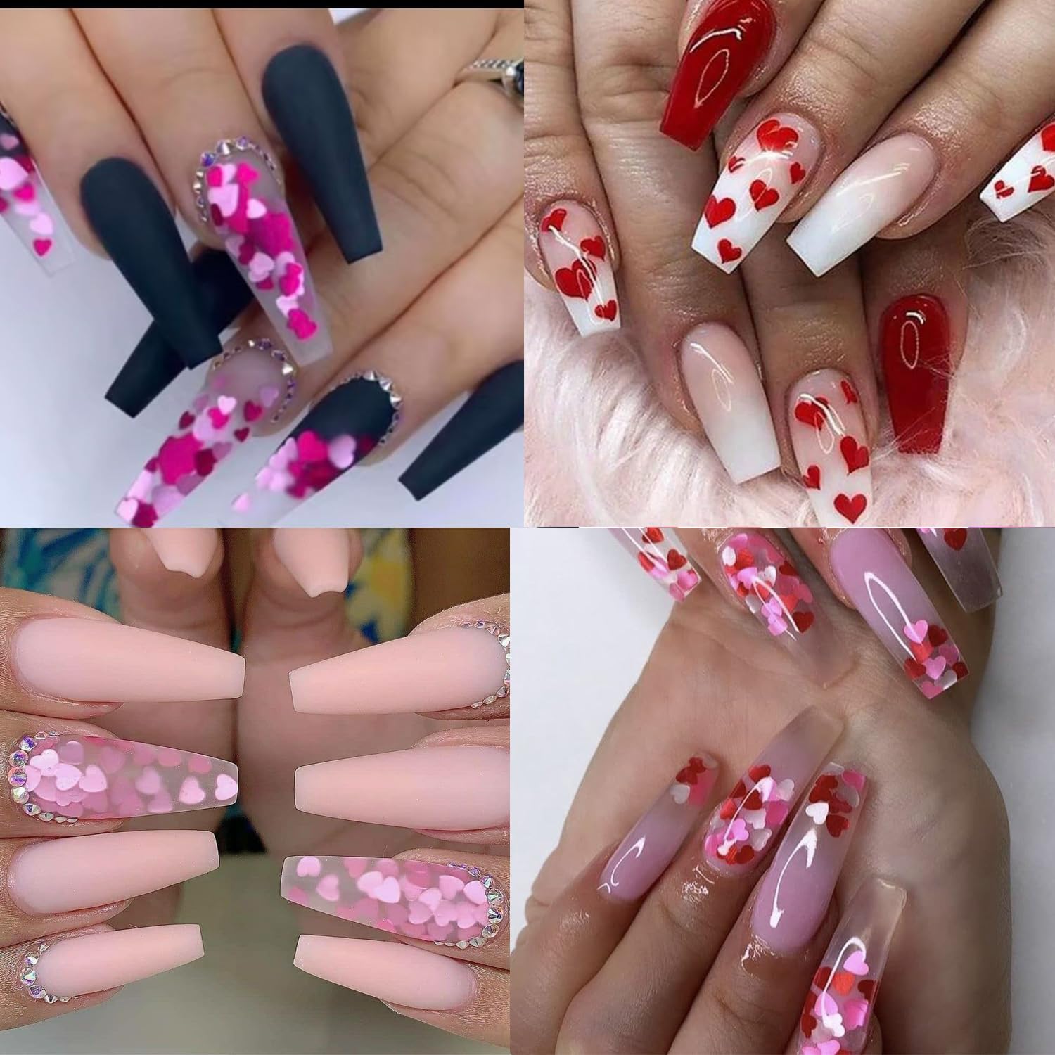 Six individual grids of 3D nail art heart sequins for manicure