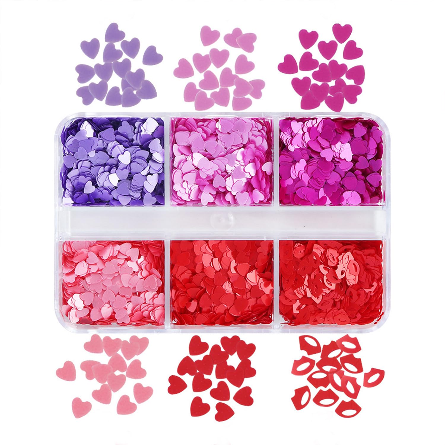 Top view of Valentine themed nail glitter collection in storage box