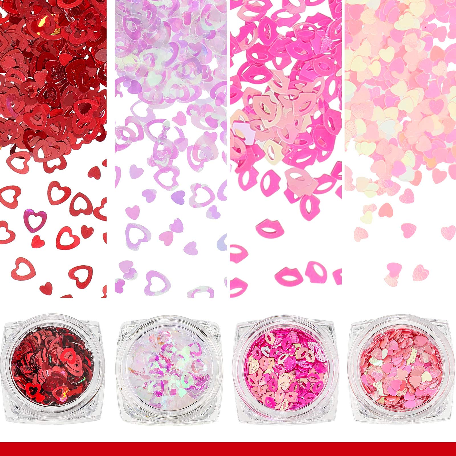 Open jars showing 3D hollow heart and lip nail flakes