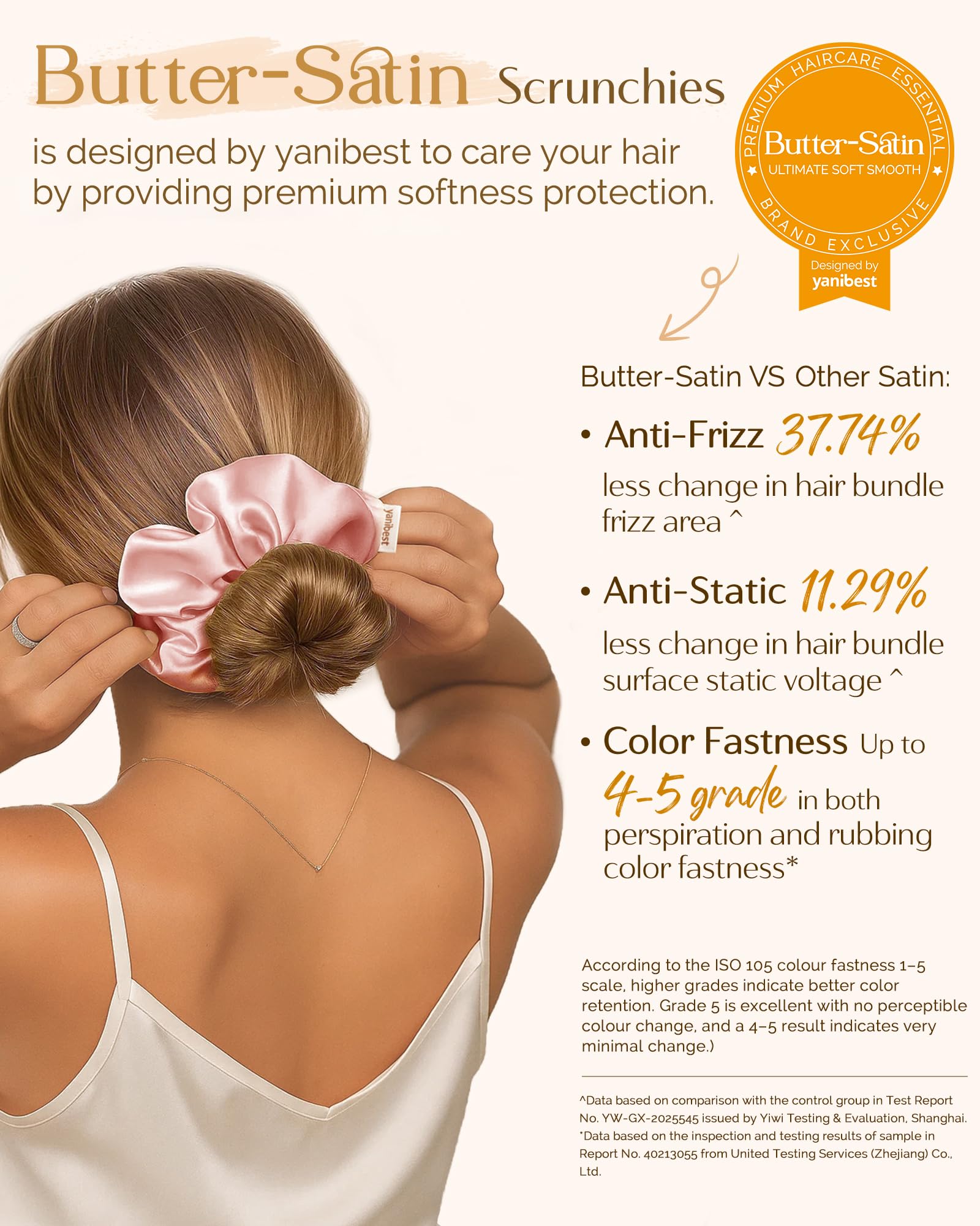 Yanibest silk-like soft elastic hair bands in champagne and bronze colors demonstrating flexible stretch.