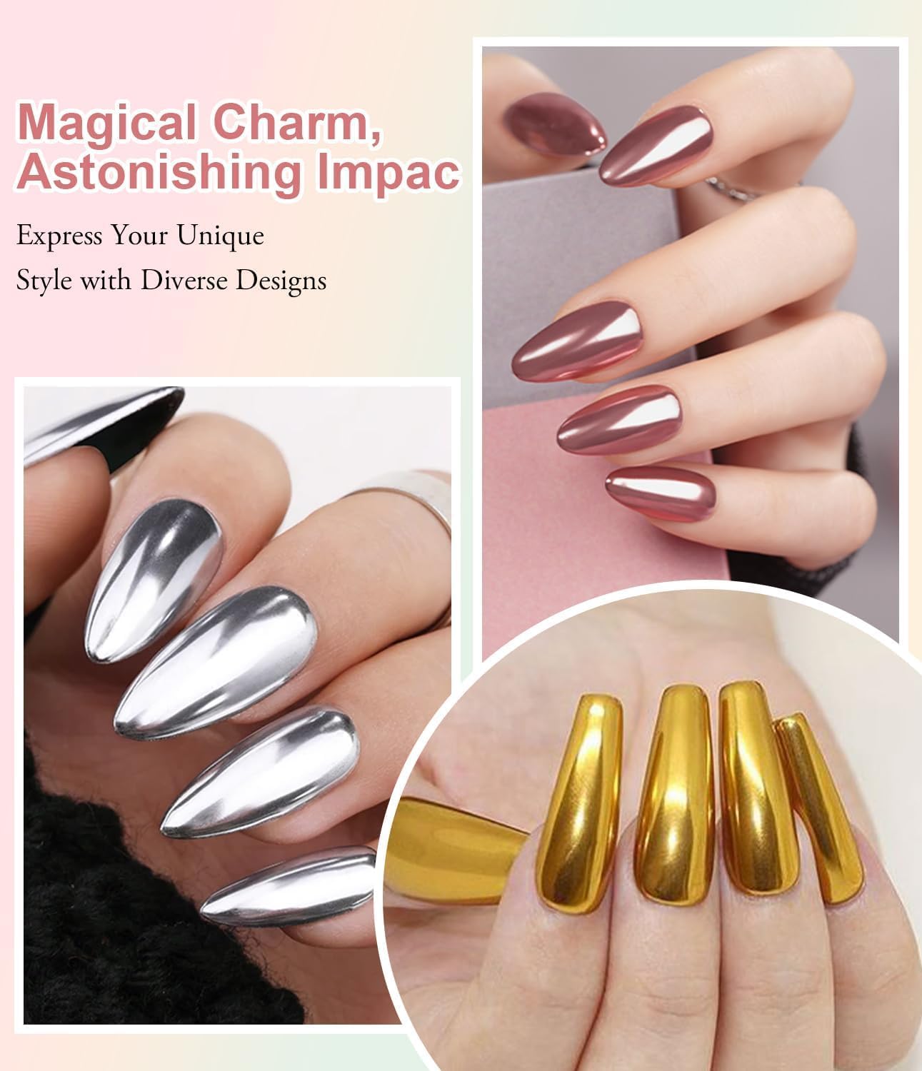 Metallic gold and silver chrome nail powder jars