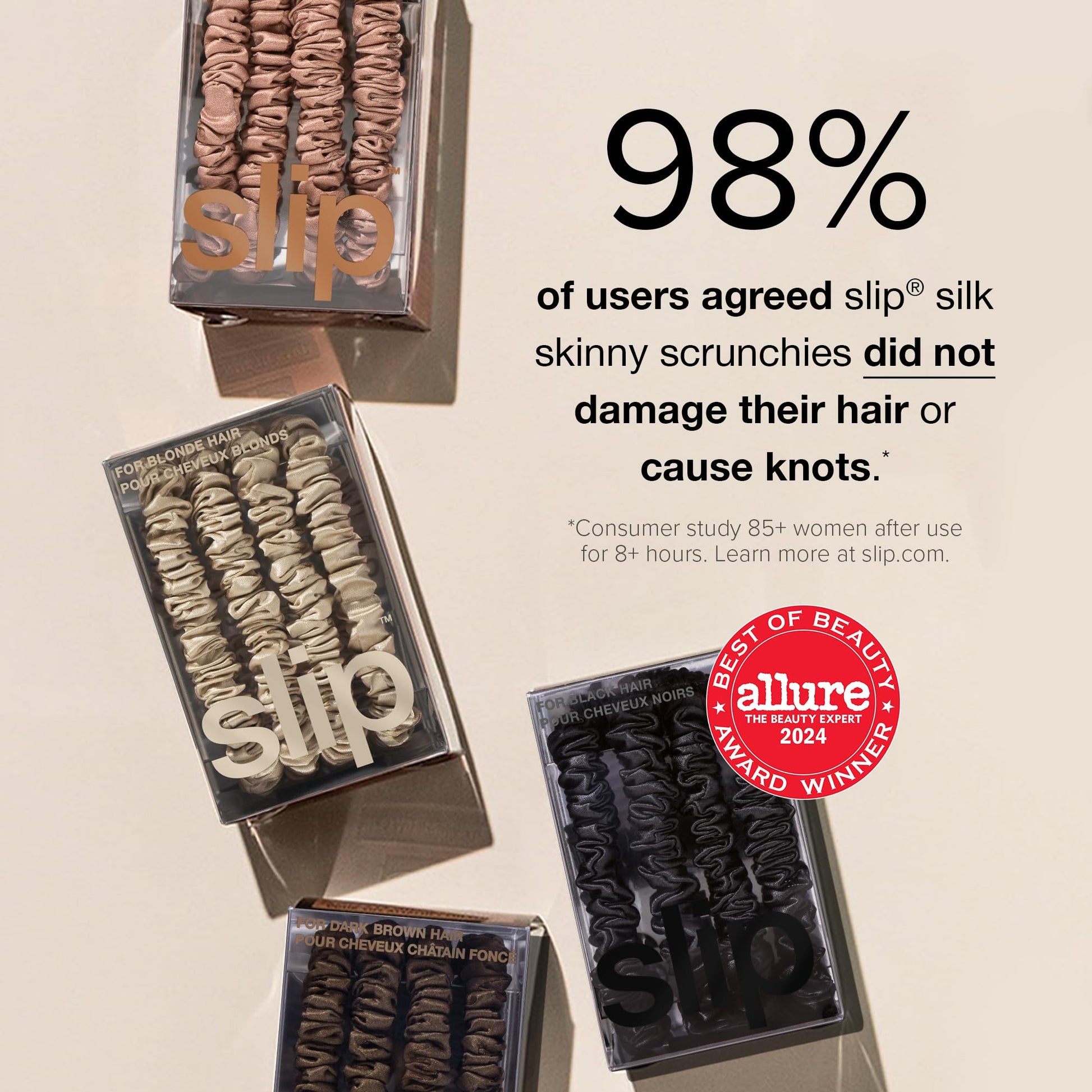 Three pack of SLIP anti breakage mulberry silk scrunchies displayed in original packaging