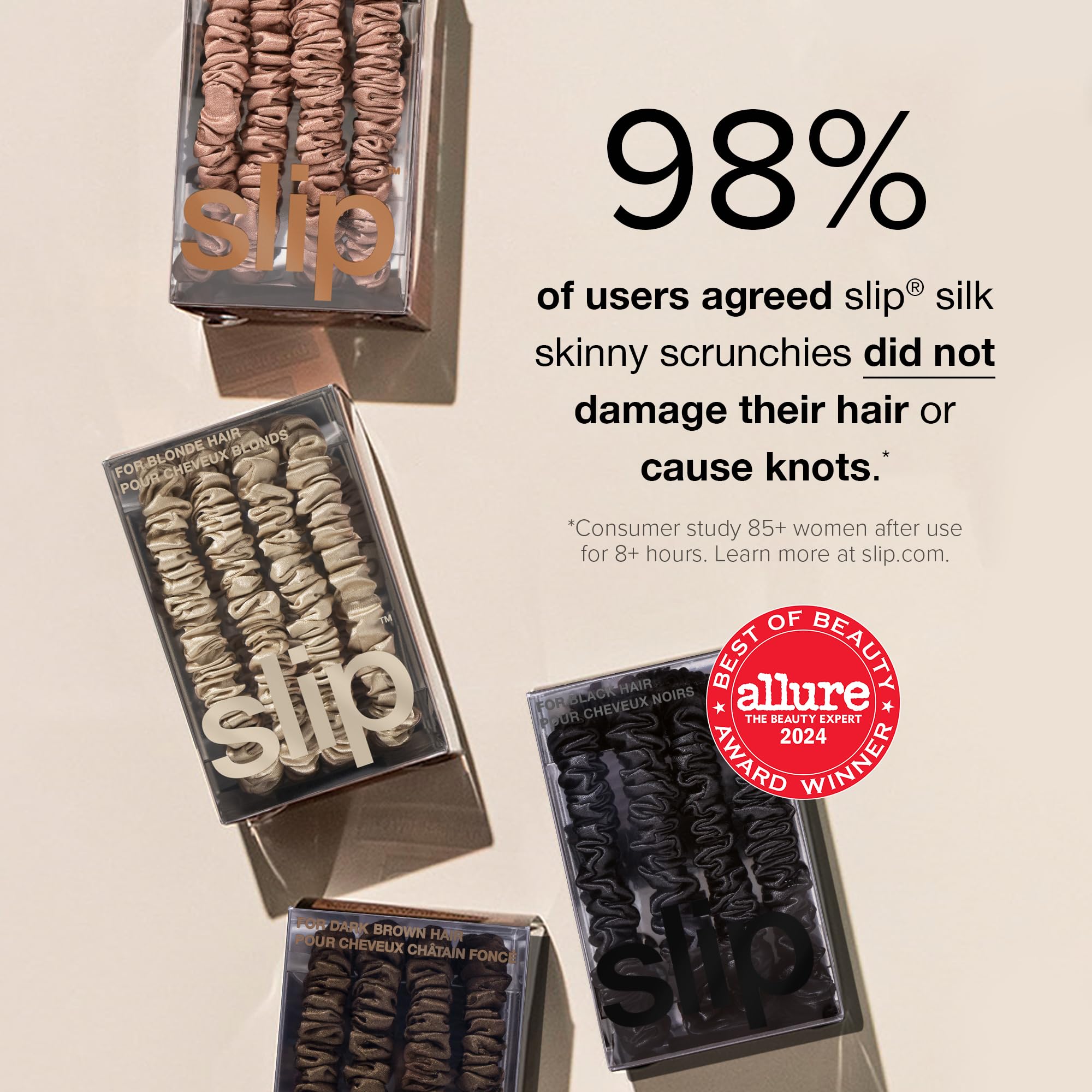 Three pack of SLIP anti breakage mulberry silk scrunchies displayed in original packaging
