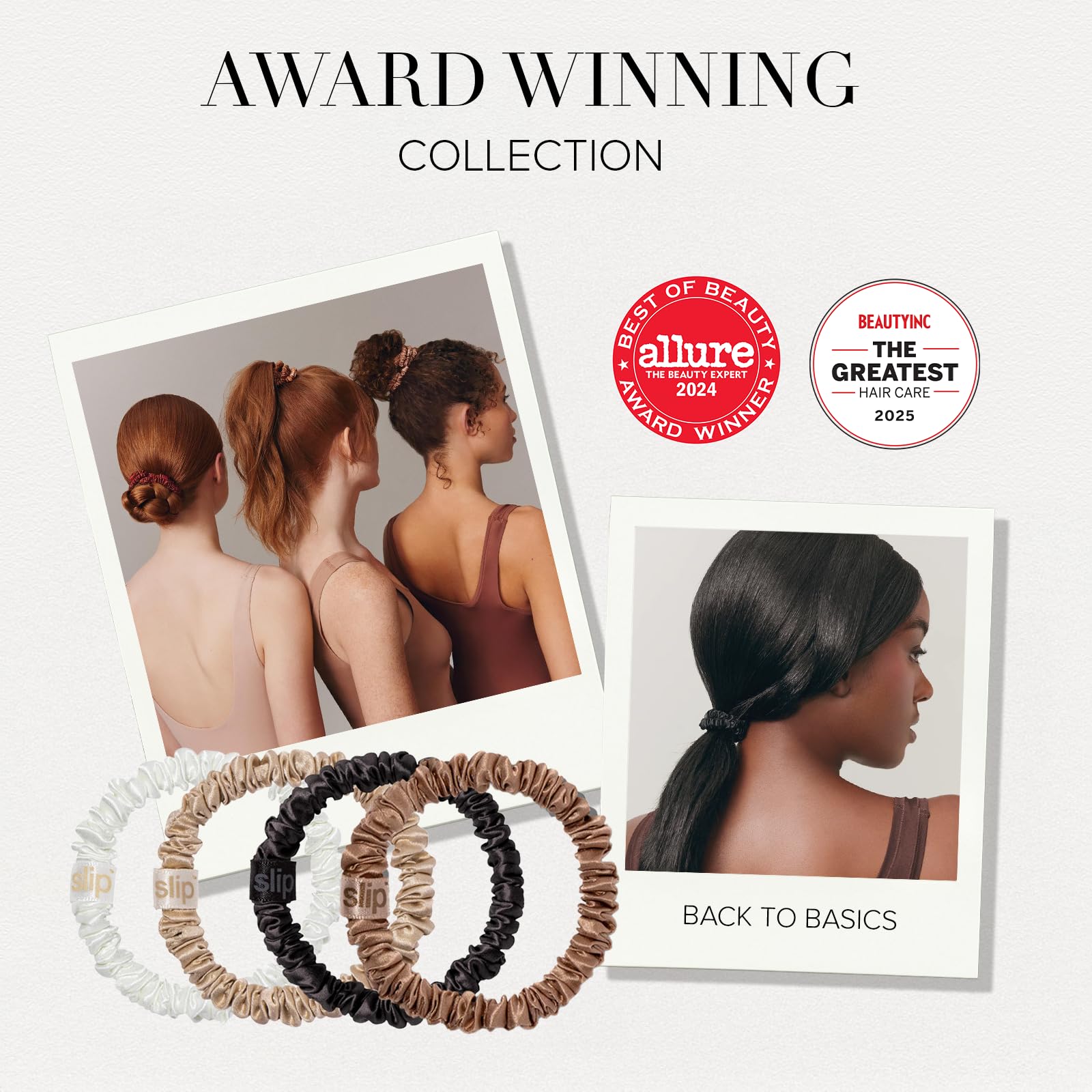 SLIP pure silk skinny scrunchies demonstrating the gentle elastic stretch for delicate hair protection