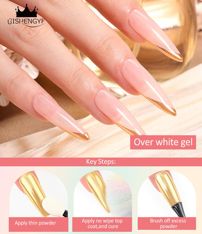 Instructions for applying metallic chrome powder to nails