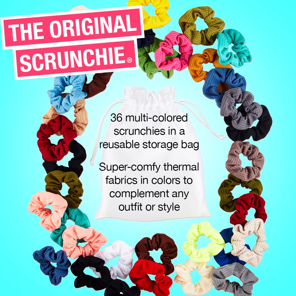 Assorted colors of Scunci thermal fabric hair ties spread out on flat surface