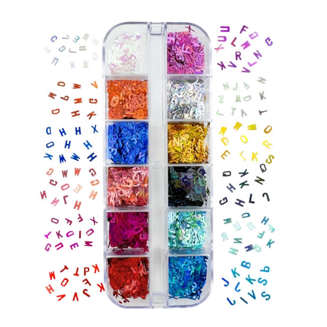 Close up of Maigitur 3D holographic alphabet nail flakes