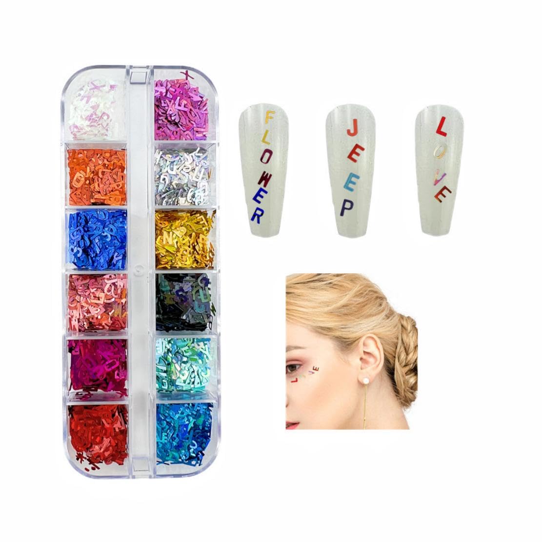 Holographic letter sequins applied on acrylic nails