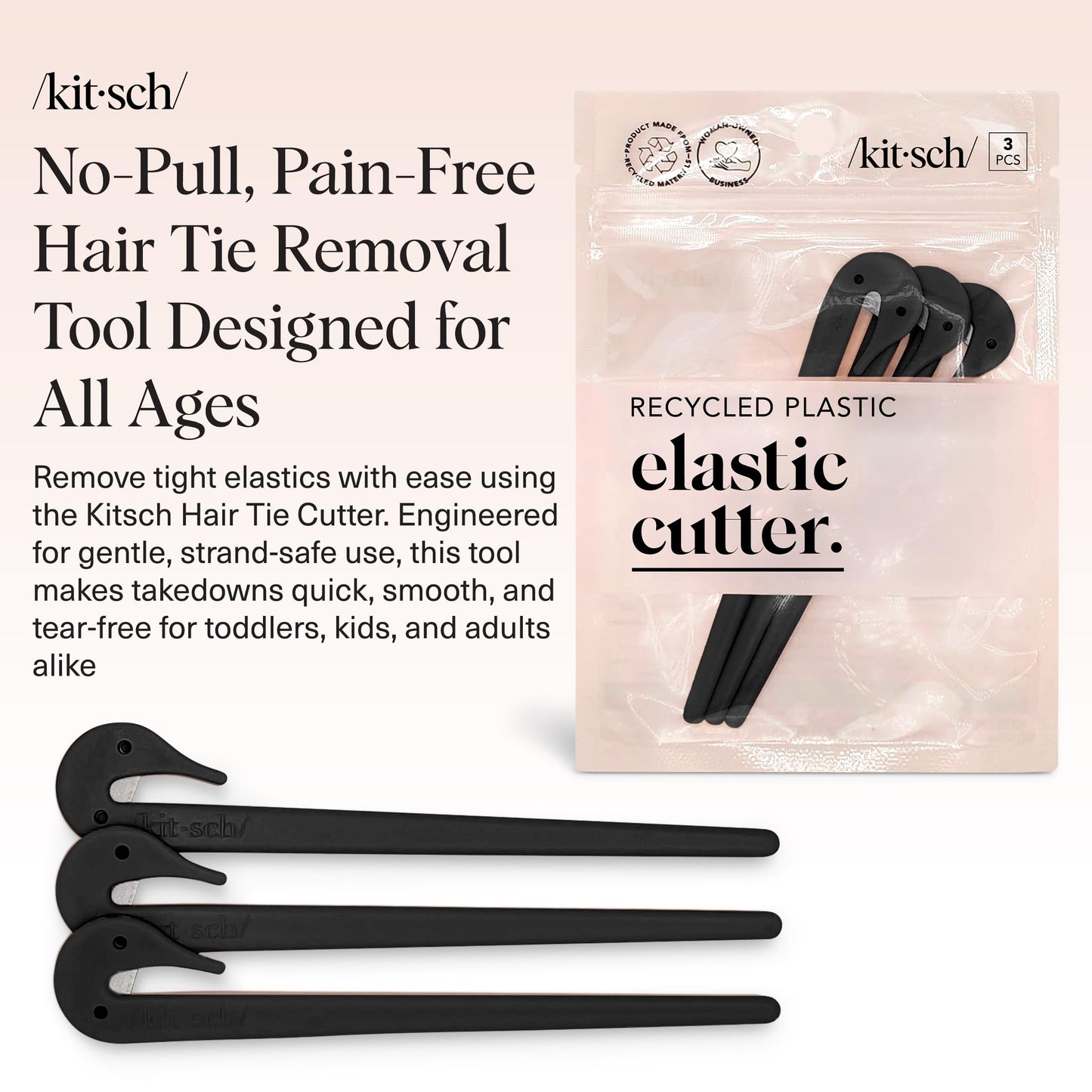 Three piece set of black rubber band removers neatly arranged on a clean background.