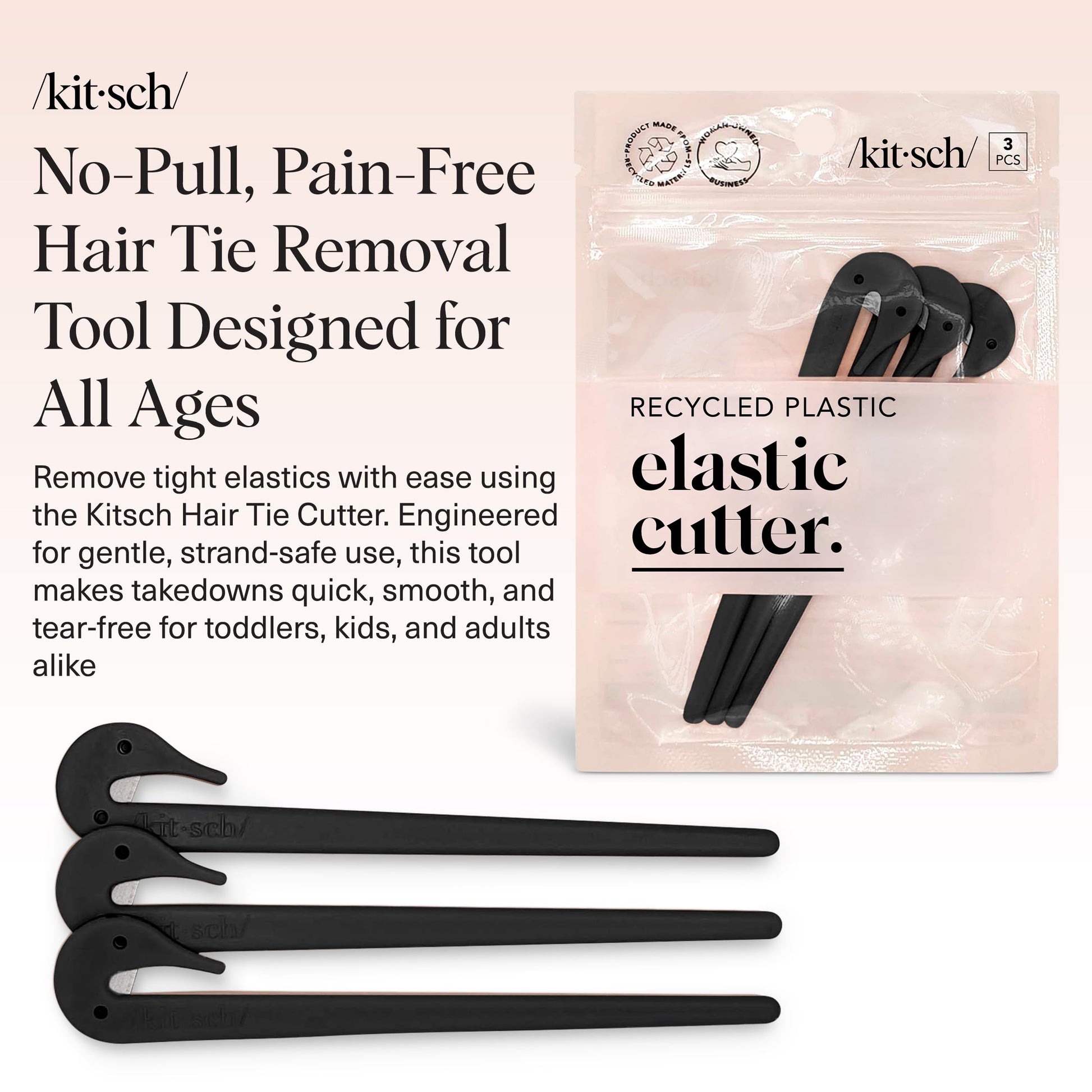 Three piece set of black rubber band removers neatly arranged on a clean background.