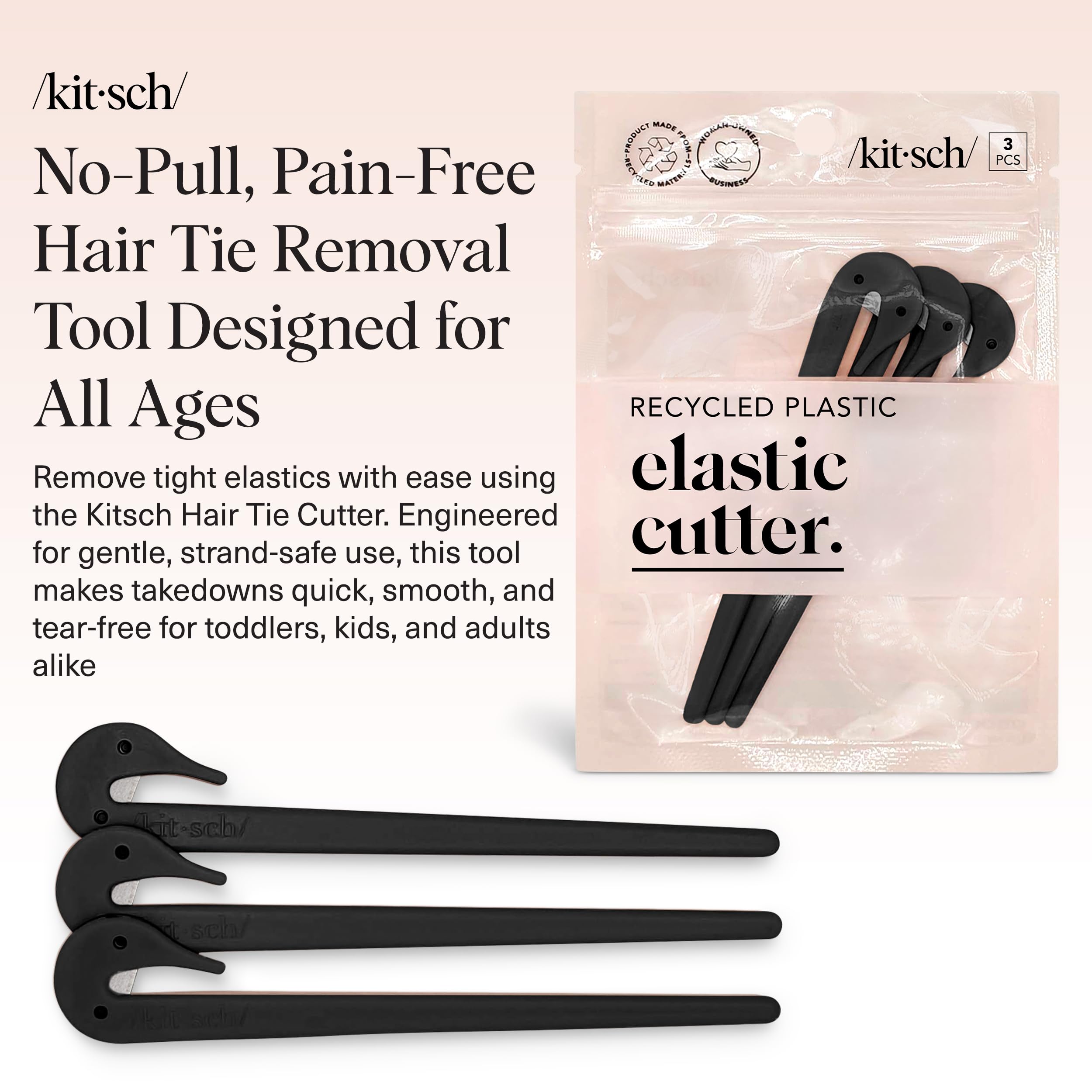 Three piece set of black rubber band removers neatly arranged on a clean background.