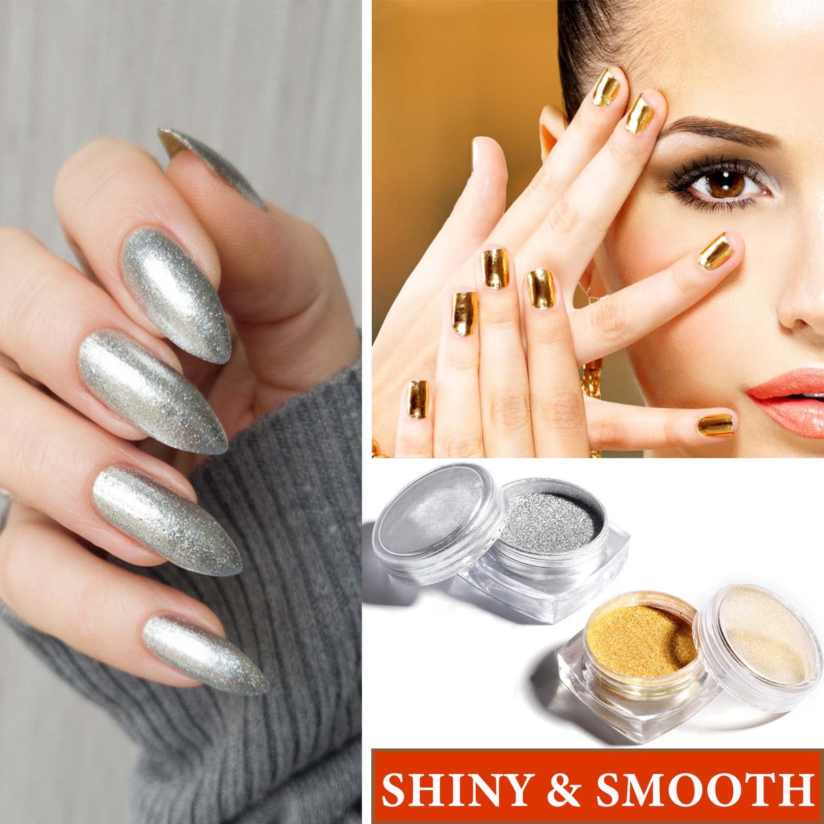 Close up of gold and silver holographic nail chrome powder
