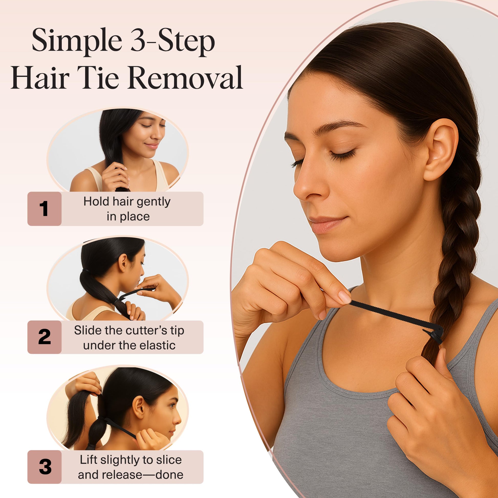 Side profile of the lightweight black ponytail holder cutter demonstrating easy grip utility.