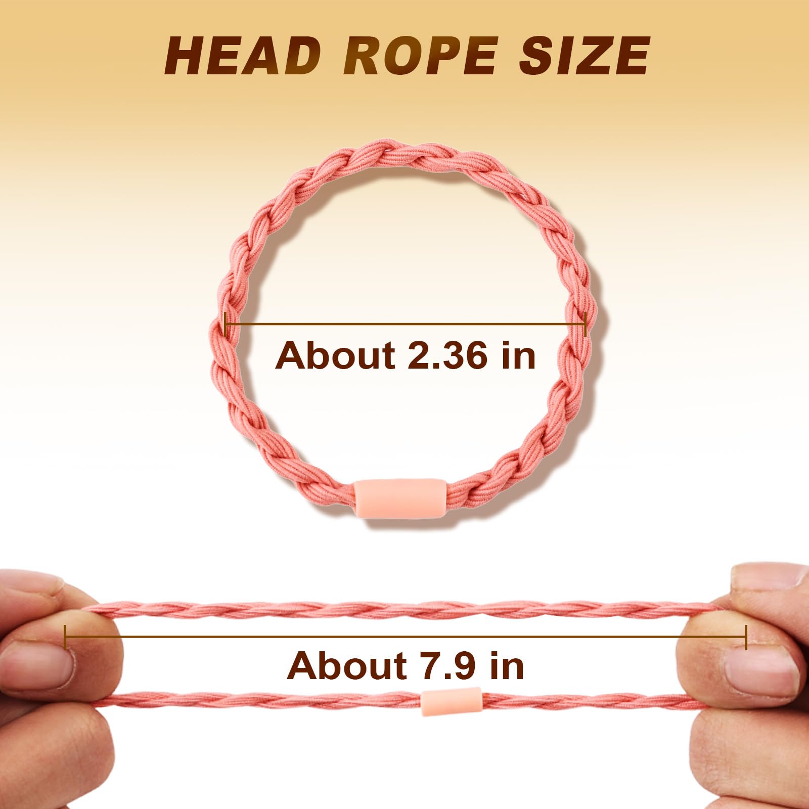 Close up view of bohemian style ponytail holders worn as stacked wrist bracelets.
