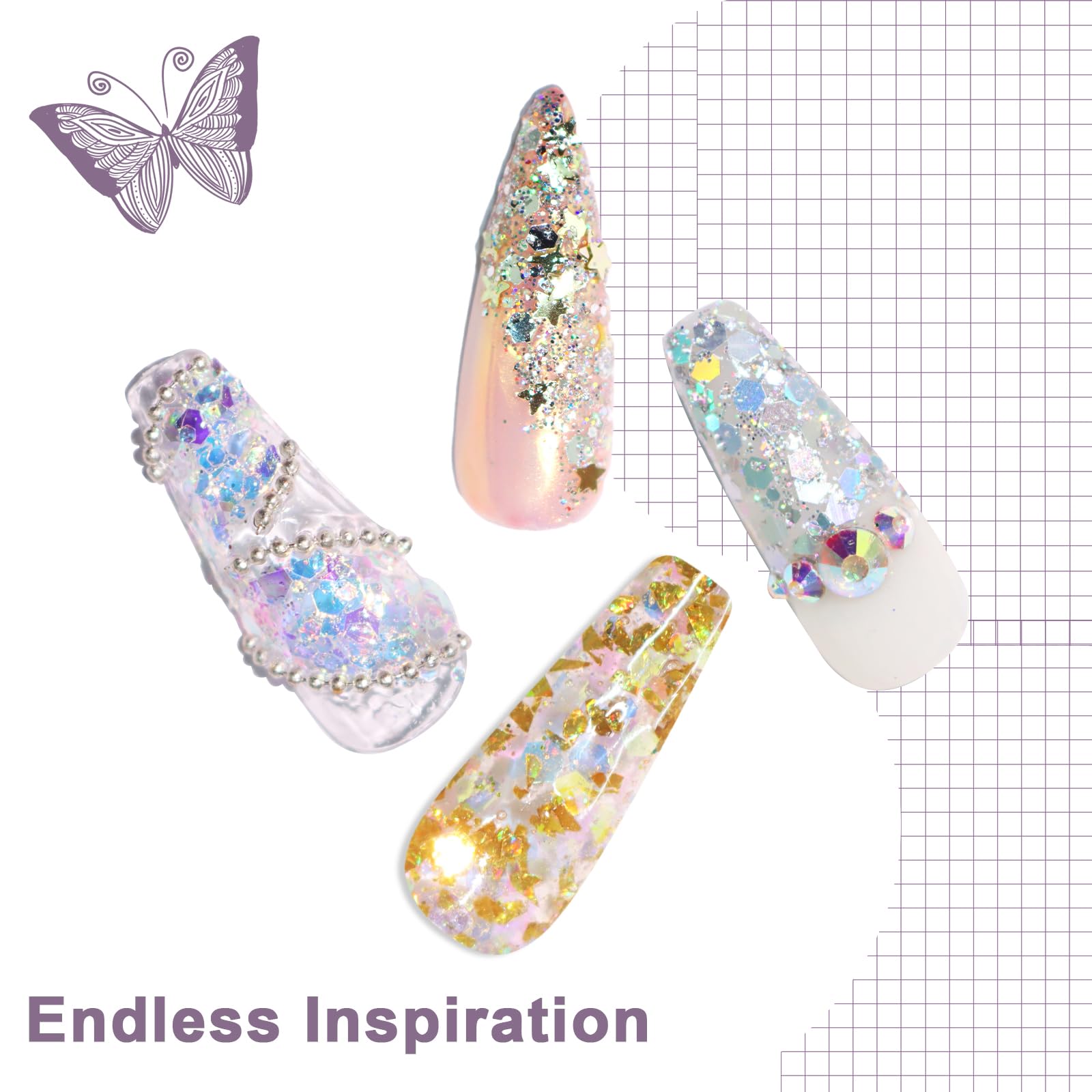 Close up of Laza diamond dust and chunky glitter flakes for nail art.